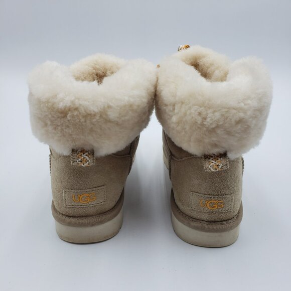 UGG Mini Alpine Boots 8 Womens Lace Up Suede Shearling Bootie Tan - Picture 4 of 9